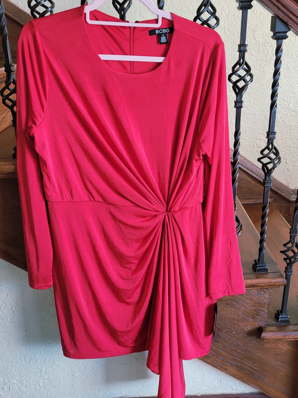 BCBG Red Long-Sleeve Twist-Front Draped Dress